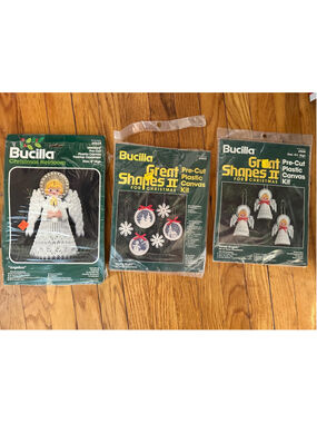 Vintage Bucilla Christmas Ornament Lot Angel Starry Night Canvas Needlepoint